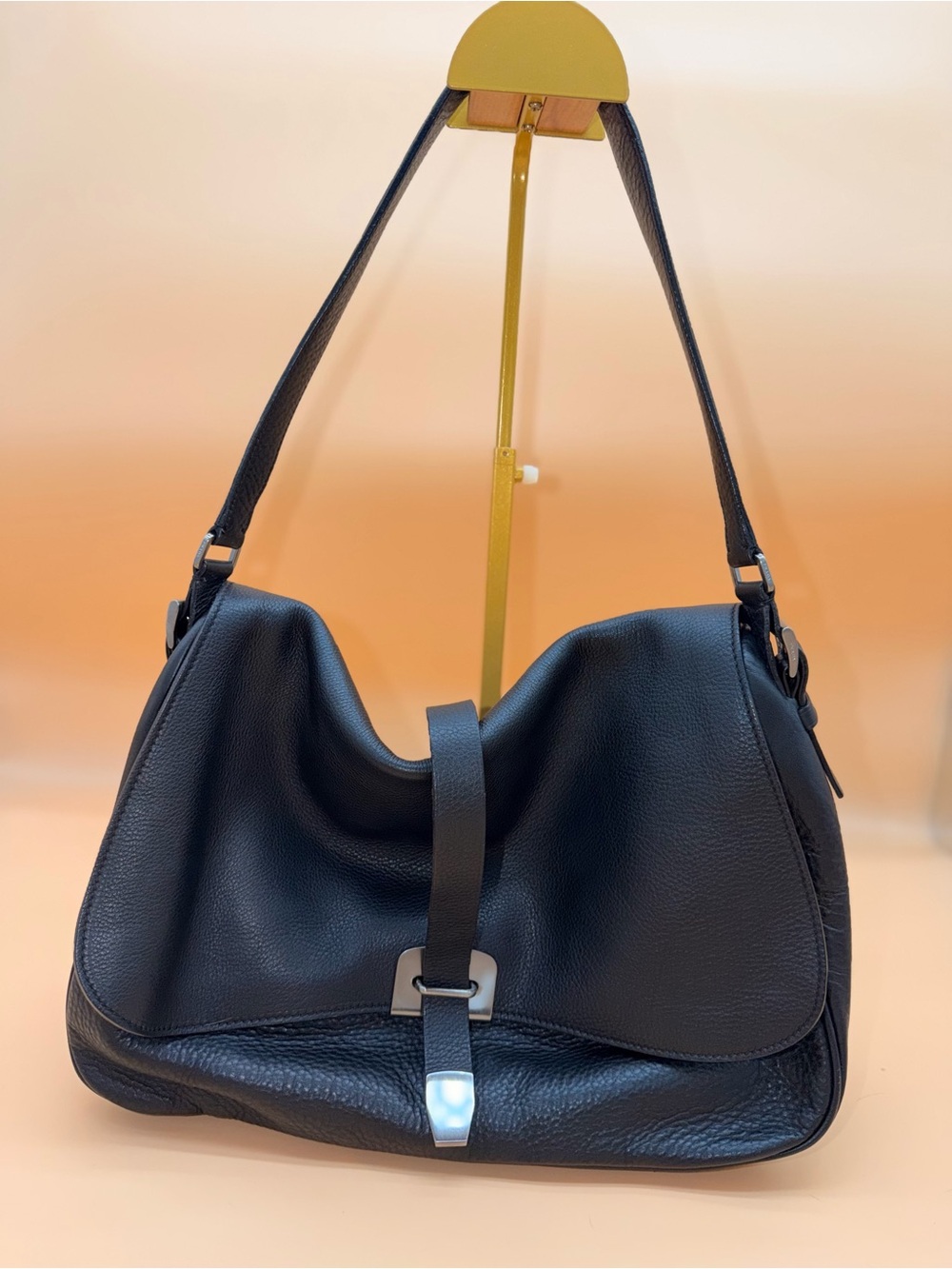 Authentic PRADA Vitello St. Cer Black Deerskin Hobo Flap Shoulder Bag BR0619